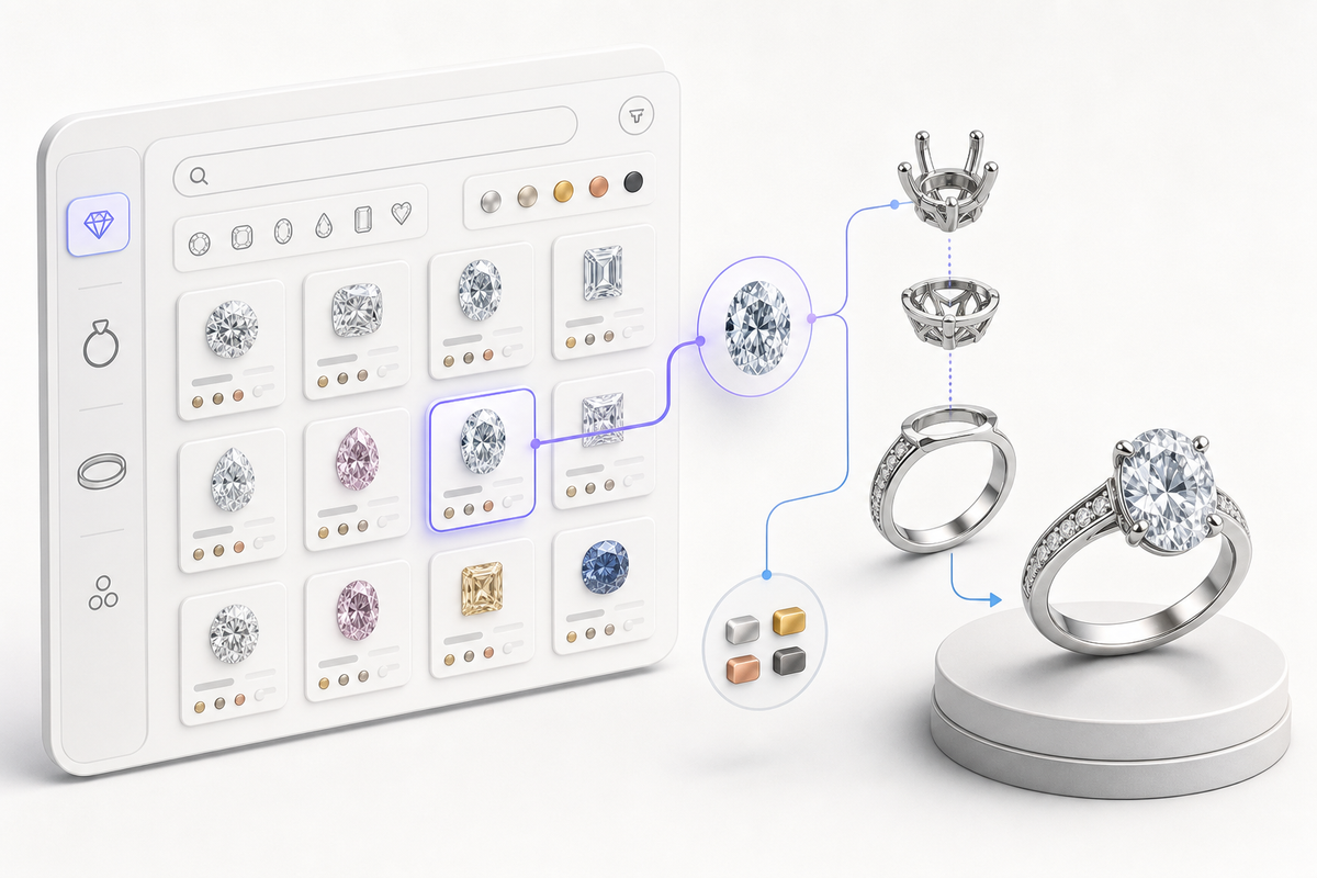 Configurable ring connected to searchable supplier stone and setting data