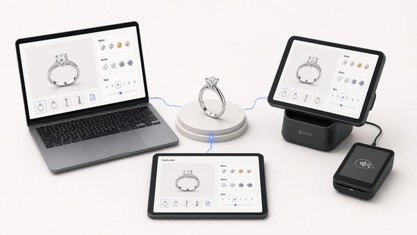 Diamond ring configuration shown online, on Shopify POS and in a Draft Order