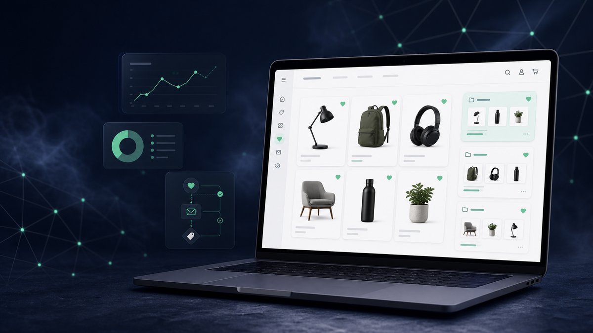 Shopify storefront with products organised into wishlists, with analytics and automation panels