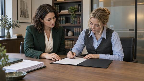 Two female legal professionals reviewing and signing a data processing agreement in a legal office