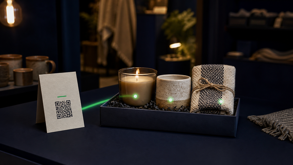 A candle, ceramic cup and folded textile presented as a retail bundle beside a small QR-code card.