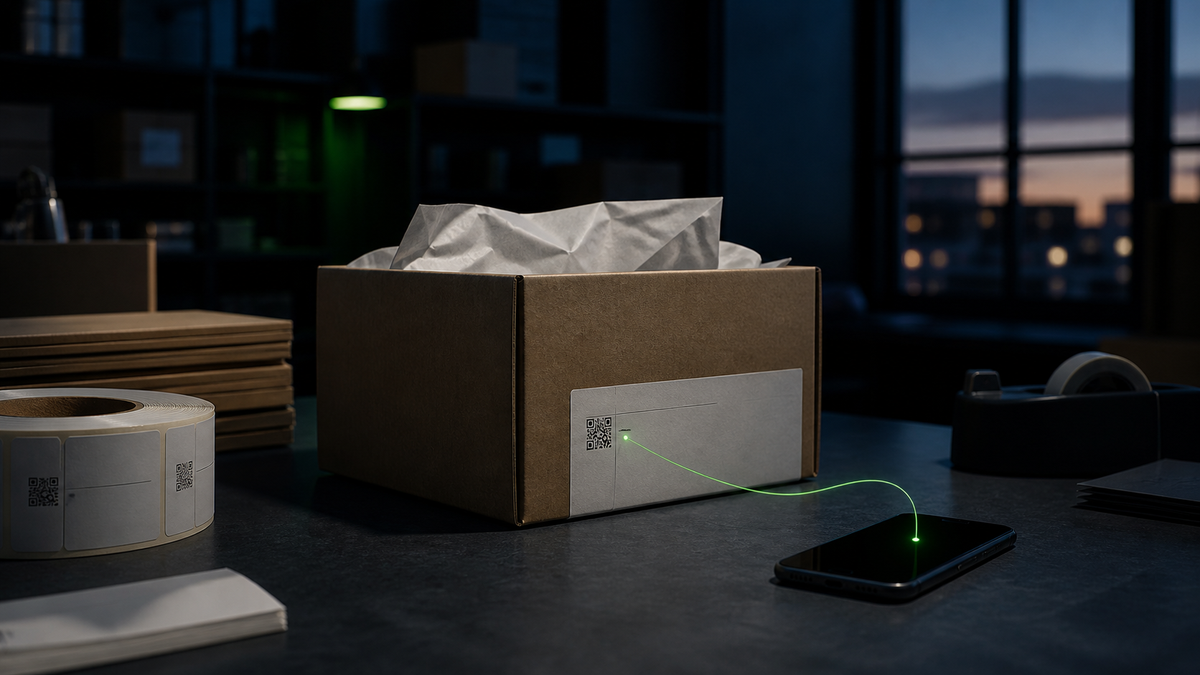 Product packaging with a small QR code connected to a mobile destination in a dark retail workspace.