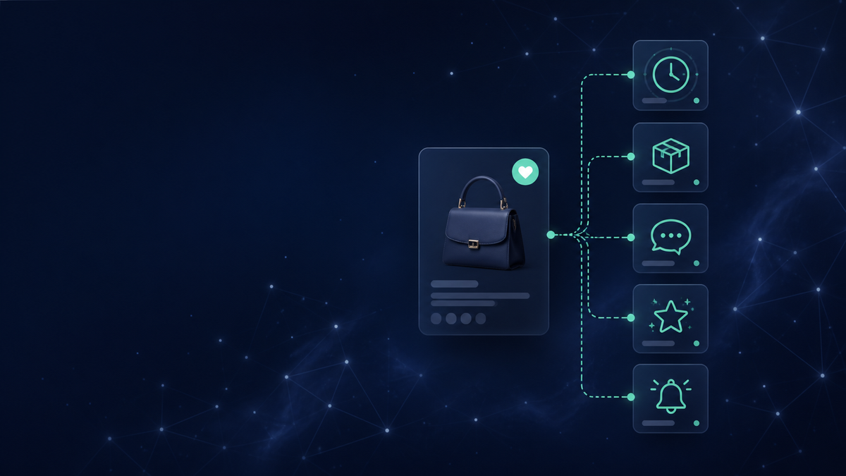 Wishlist product signal connected to reminder, stock, messaging, loyalty and internal alert automation
