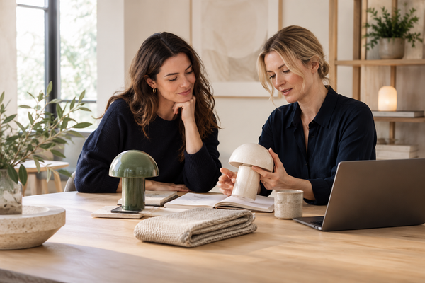 A customer and designer choosing homeware together at a studio table