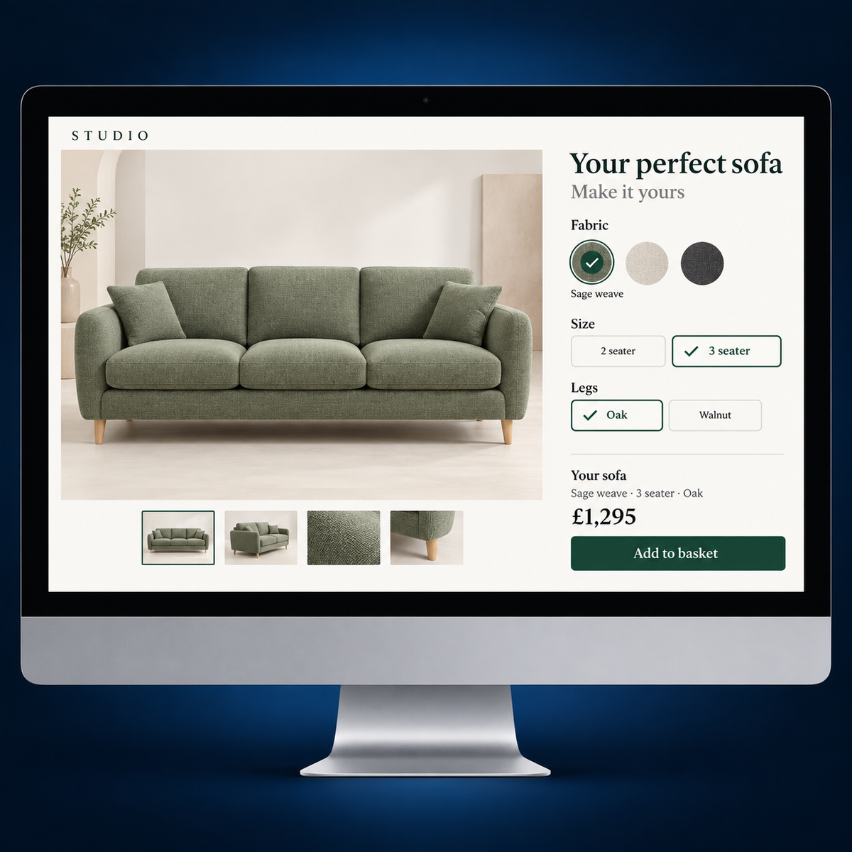 Mac screen showing a sage-green sofa with fabric, size and leg options selected in a product customiser.