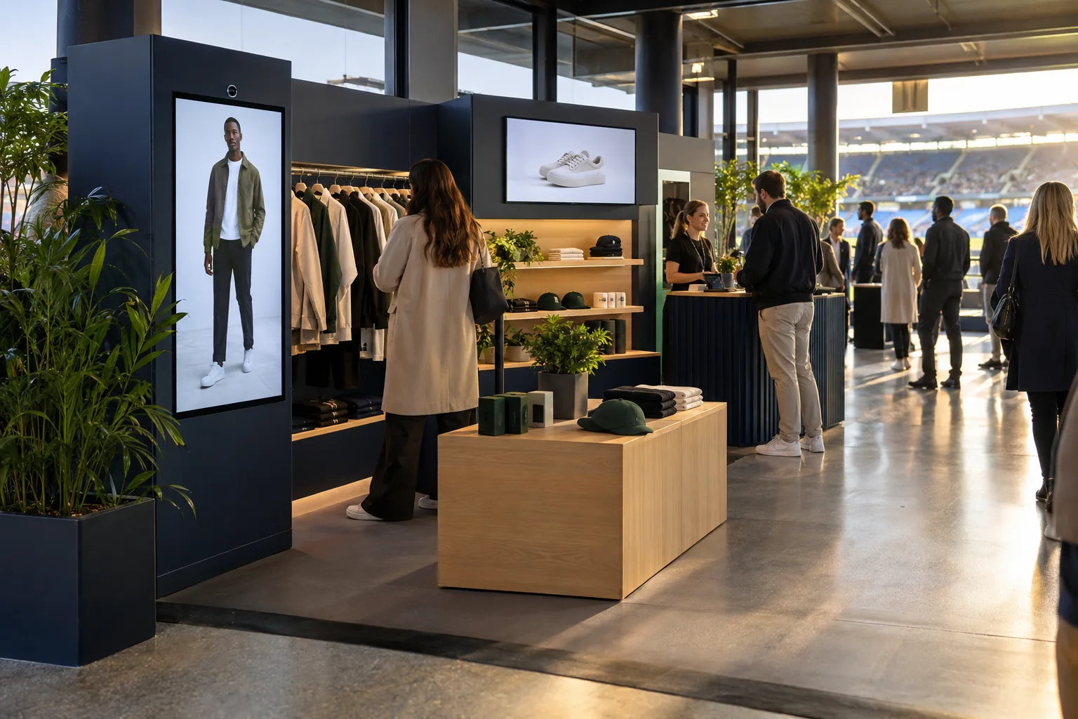 Illustrative pop-up retail installation in a stadium hospitality concourse