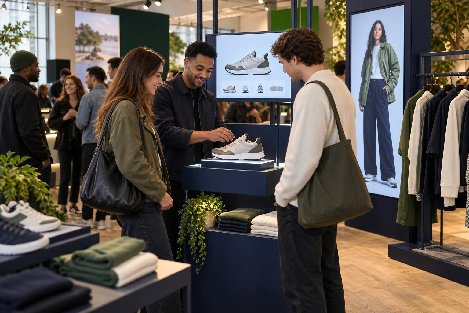 Illustrative launch activation with visitors and a demonstrator exploring an interactive product display
