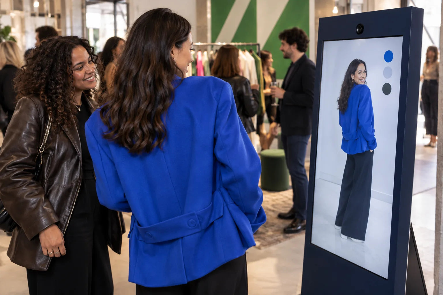 Illustrative visitors exploring a digital mirror at a fashion launch