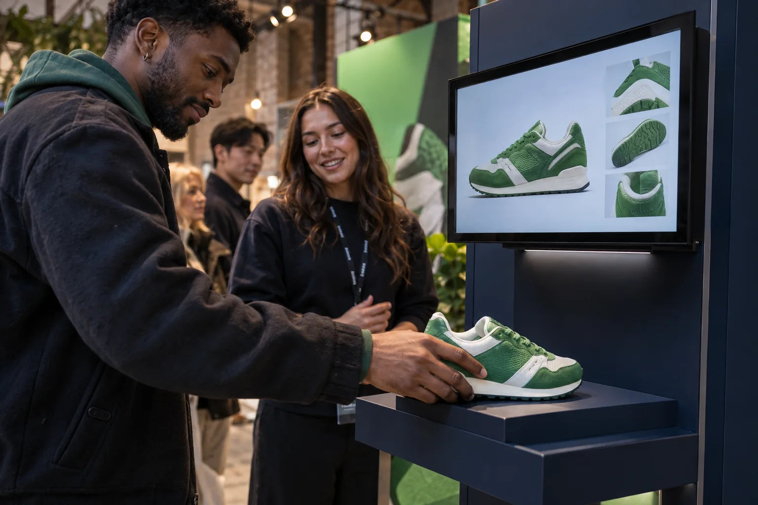 Illustrative visitor placing a trainer on a product discovery shelf at a launch