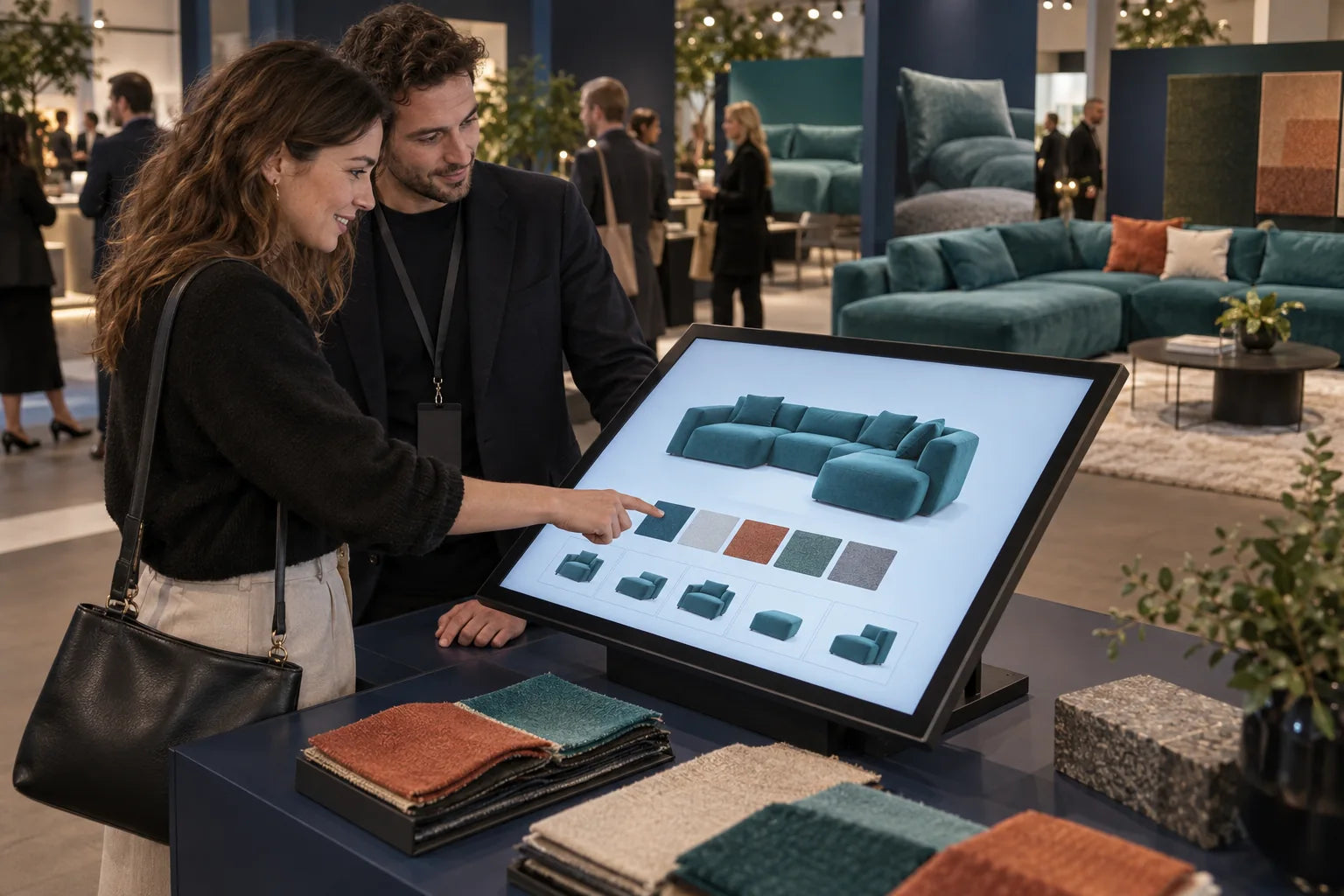 Illustrative customer and demonstrator choosing sofa fabrics using a touchscreen configurator