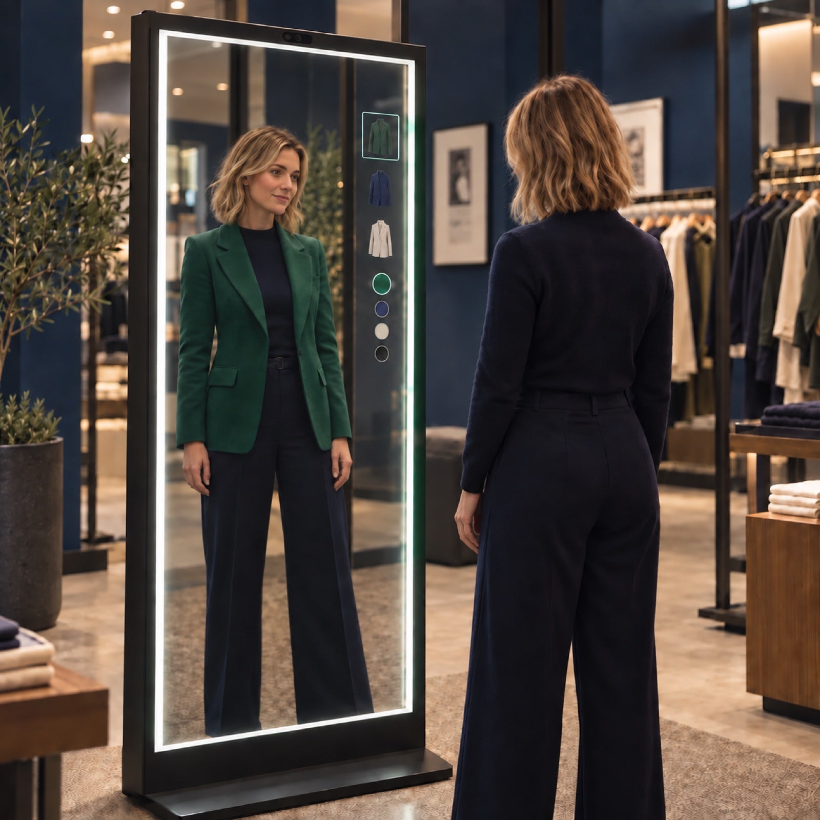 Customer previewing jacket colours in a virtual try-on mirror, with both hands relaxed at her sides